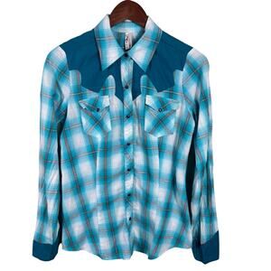 Roper Ombre Women's Medium Blue Plaid Western Cowboy Button Up Long Sleeve Shirt